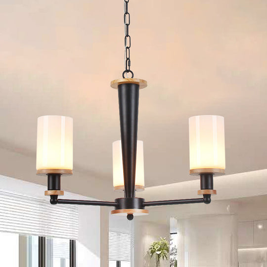 Classic Cylindrical Pendant Chandelier With White Glass Available In 3/5/6 Heads Black Finish