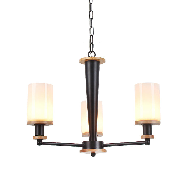 Classic Cylindrical Pendant Chandelier With White Glass Available In 3/5/6 Heads Black Finish