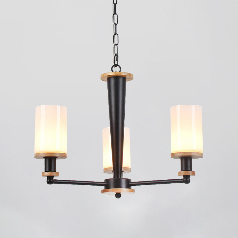 Classic Cylindrical Pendant Chandelier With White Glass Available In 3/5/6 Heads Black Finish