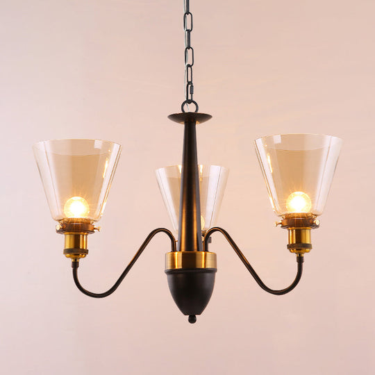 Vintage Black & Gold Chandelier Lamp: 3/5 Bulbs Clear Glass Pendulum