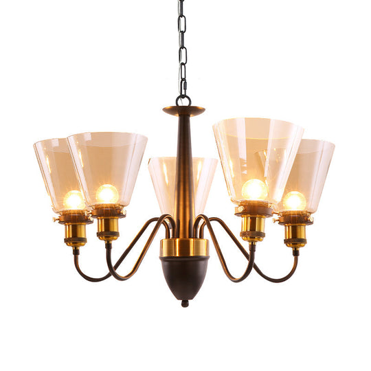 Vintage Black & Gold Chandelier Lamp: 3/5 Bulbs Clear Glass Pendulum