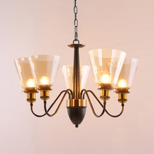 Vintage Black & Gold Chandelier Lamp: 3/5 Bulbs Clear Glass Pendulum