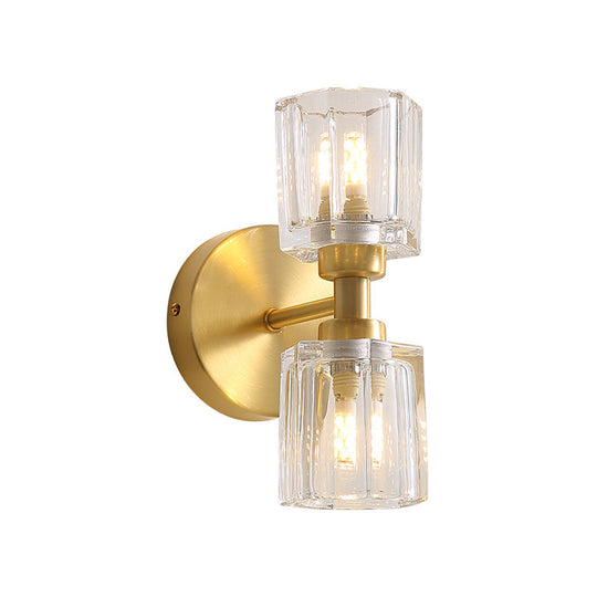 2-Head Clear Crystal Glass Brass Wall Lamp - Traditional Up-Down Mount Lighting