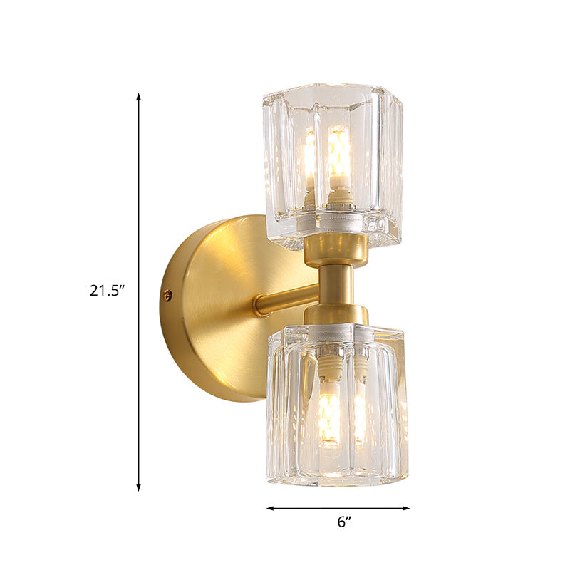 2-Head Clear Crystal Glass Brass Wall Lamp - Traditional Up-Down Mount Lighting