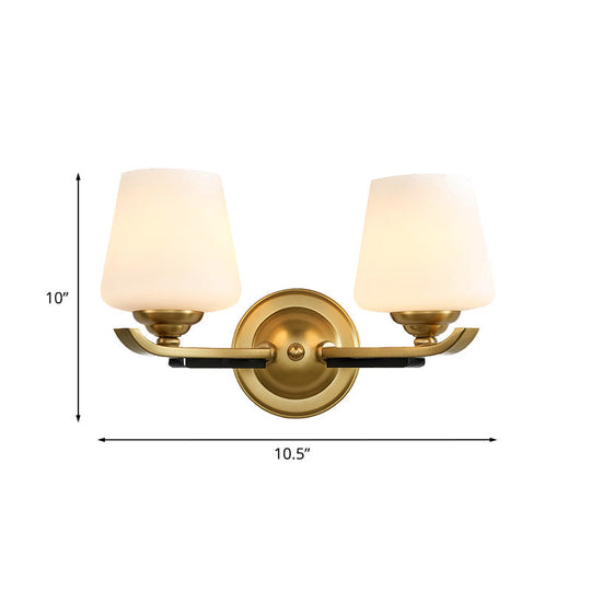 1/2-Head Up Sconce Traditional Indoor Wall Mounted Lamp With Opal Glass Shade In Brass