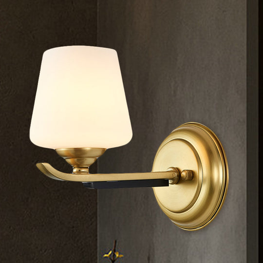 1/2-Head Up Sconce Traditional Indoor Wall Mounted Lamp With Opal Glass Shade In Brass 1 /