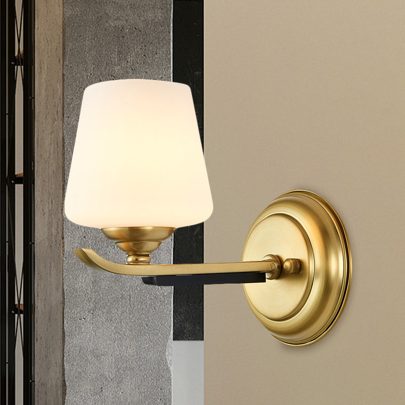 1/2-Head Up Sconce Traditional Indoor Wall Mounted Lamp With Opal Glass Shade In Brass