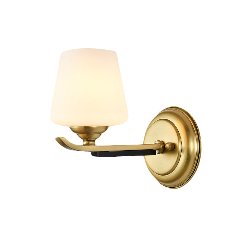 1/2-Head Up Sconce Traditional Indoor Wall Mounted Lamp With Opal Glass Shade In Brass