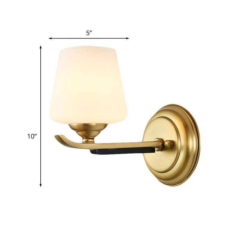 1/2-Head Up Sconce Traditional Indoor Wall Mounted Lamp With Opal Glass Shade In Brass