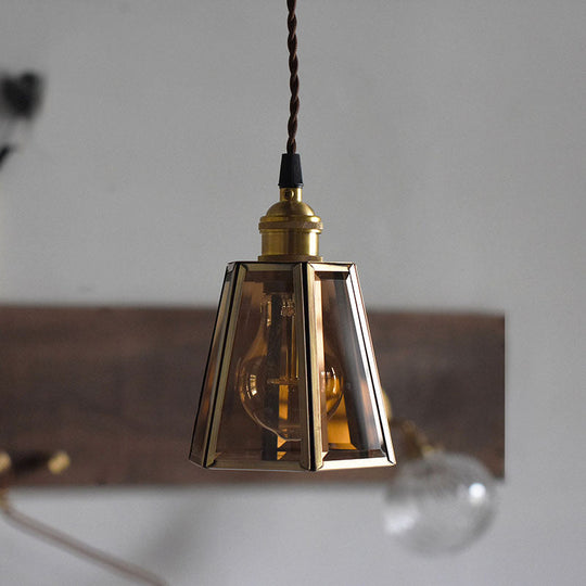 Hexagon Drop Pendant Light In Clear/Amber Glass - Antiqued Brass Finish 1 Head Bedside Hanging Lamp