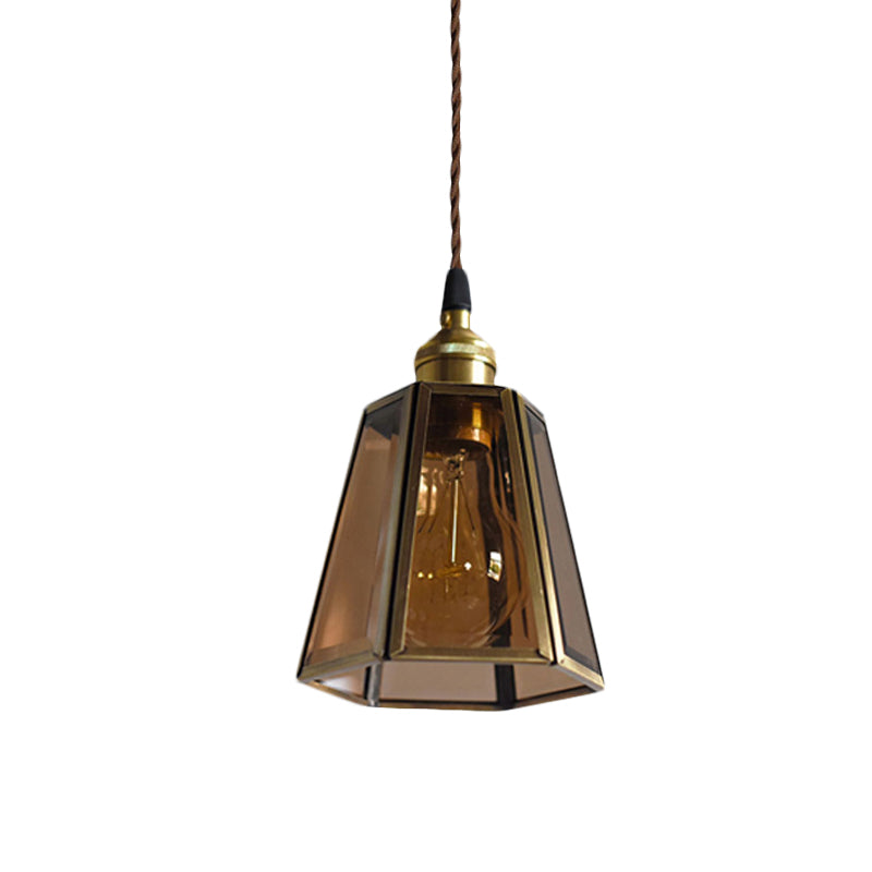 Hexagon Drop Pendant Light In Clear/Amber Glass - Antiqued Brass Finish 1 Head Bedside Hanging Lamp