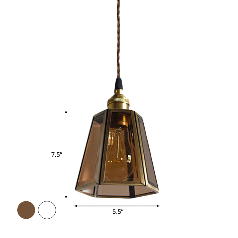 Hexagon Drop Pendant Light In Clear/Amber Glass - Antiqued Brass Finish 1 Head Bedside Hanging Lamp