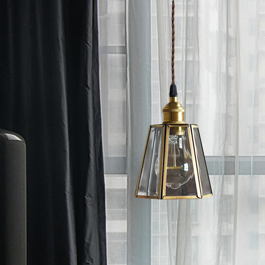 Hexagon Drop Pendant Light In Clear/Amber Glass - Antiqued Brass Finish 1 Head Bedside Hanging Lamp