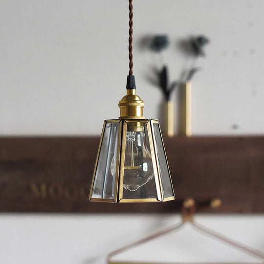 Hexagon Drop Pendant Light In Clear/Amber Glass - Antiqued Brass Finish 1 Head Bedside Hanging Lamp