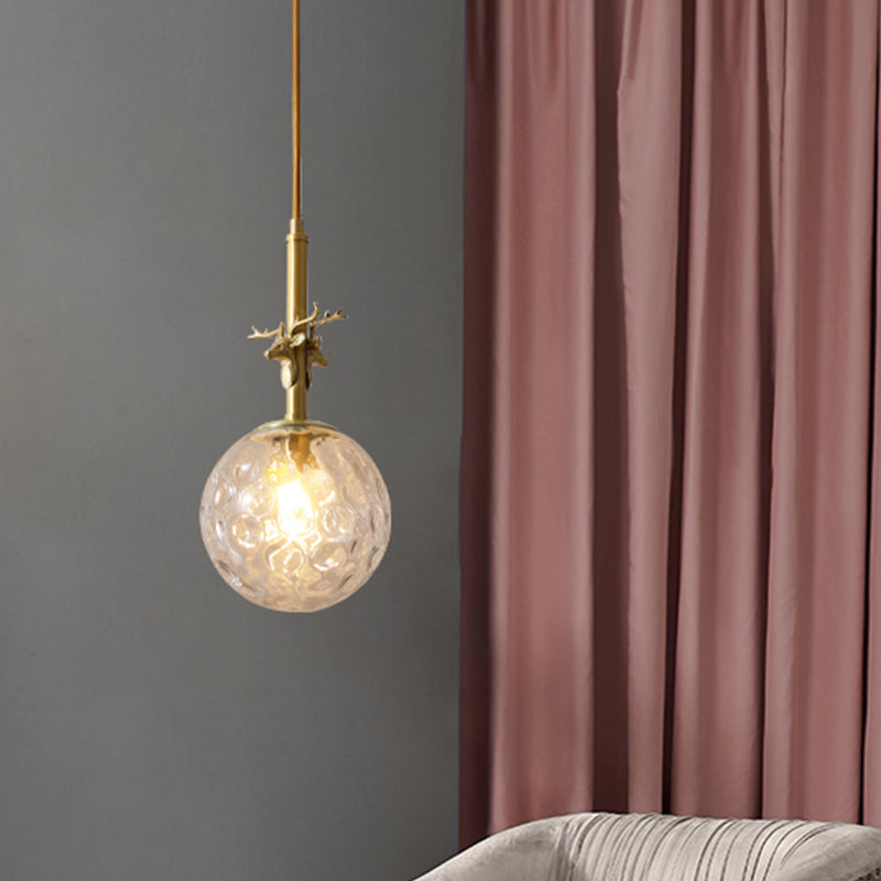 Traditional Glass Sphere Pendant Light With Clear Dimpled Shade Brass Ceiling Lamp