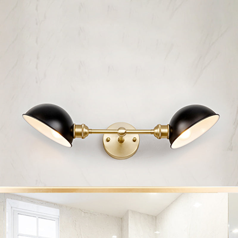 Vintage Metal Dome Vanity Light Fixture With Dual Bulbs Wall Mount Bathroom Lamp In Black/Brass