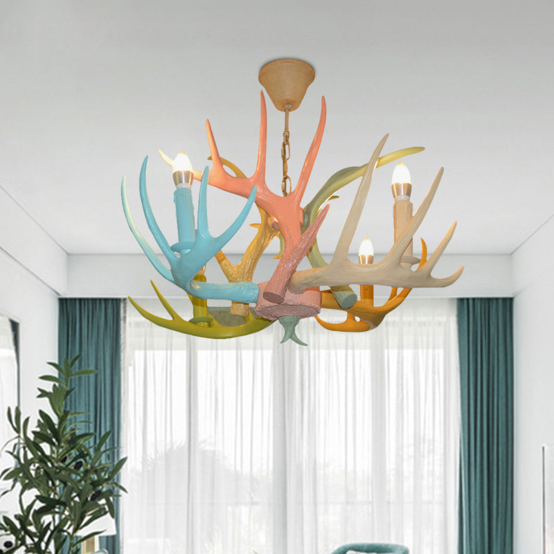 Antler Macaron Ceiling Chandelier - Resin 4/6 Bulbs Child Room Lighting In Blue-Pink-Yellow