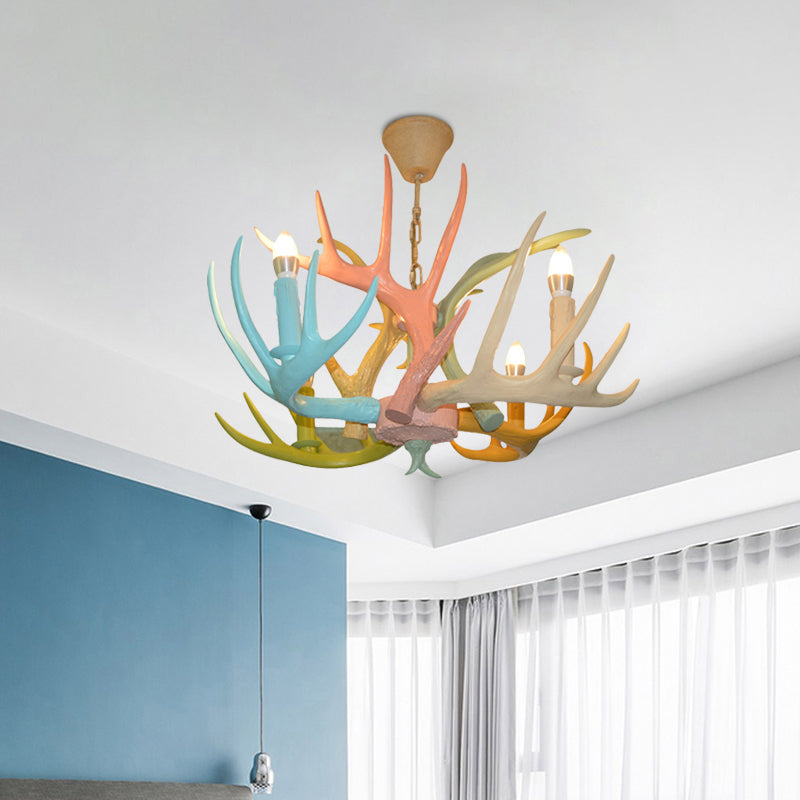 Antler Macaron Ceiling Chandelier - Resin 4/6 Bulbs Child Room Lighting In Blue-Pink-Yellow