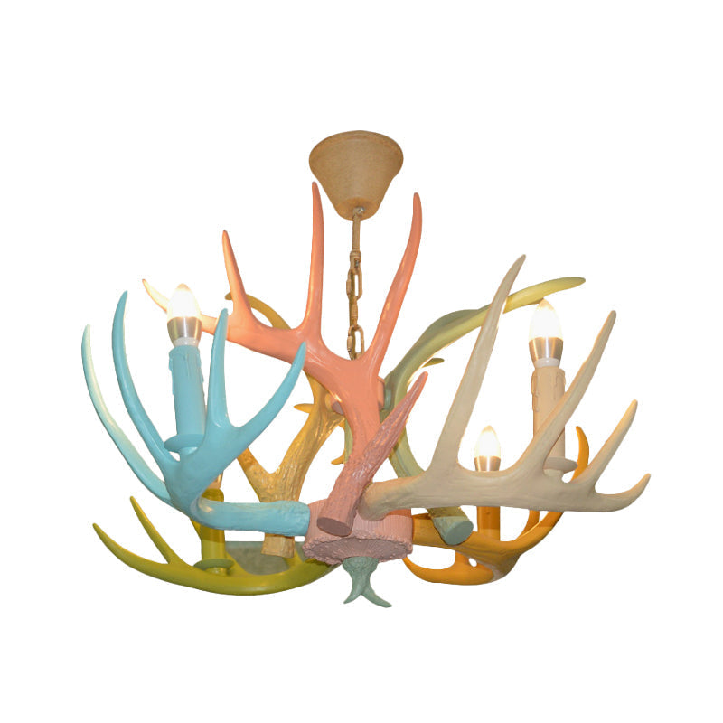 Antler Macaron Ceiling Chandelier - Resin 4/6 Bulbs Child Room Lighting In Blue-Pink-Yellow