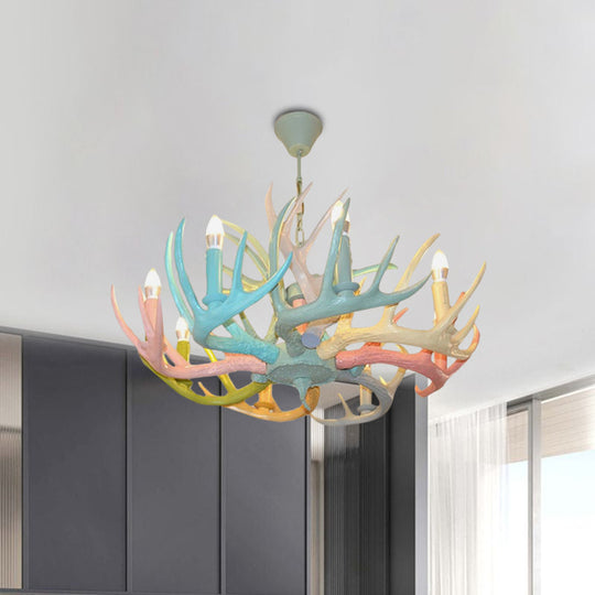 Antler Macaron Ceiling Chandelier - Resin 4/6 Bulbs Child Room Lighting In Blue-Pink-Yellow