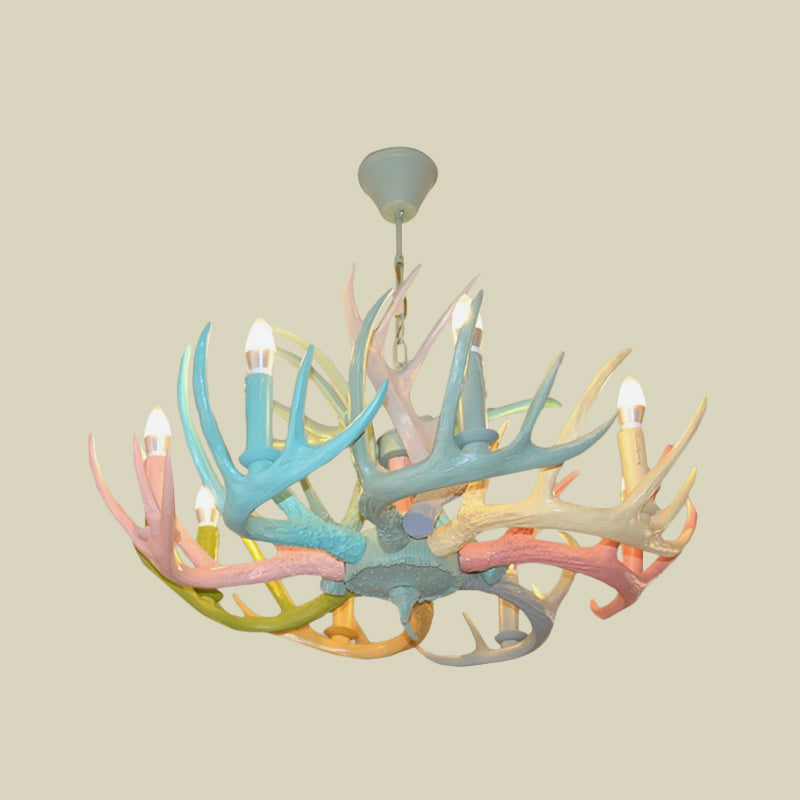 Antler Macaron Ceiling Chandelier - Resin 4/6 Bulbs Child Room Lighting In Blue-Pink-Yellow