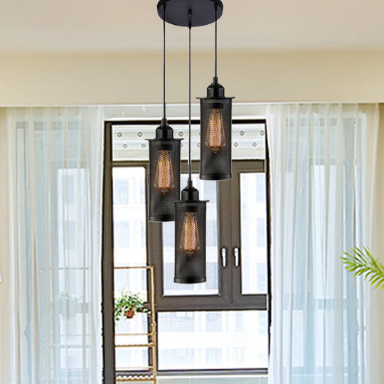 Vintage 3/8 Bulbs Pendant Light With Metal Mesh Shade - Stylish Kitchen Ceiling Fixture In Black 3 /