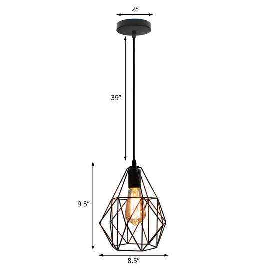 Industrial Diamond Cage Pendant Light In Black: 1-Light Fixture For Dining Room Ceiling