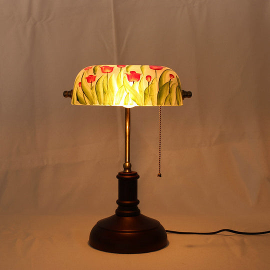 Green Glass Table Lamp - Korean Garden With Red Brown Flower Pattern Pull Chain Ideal For Bedroom