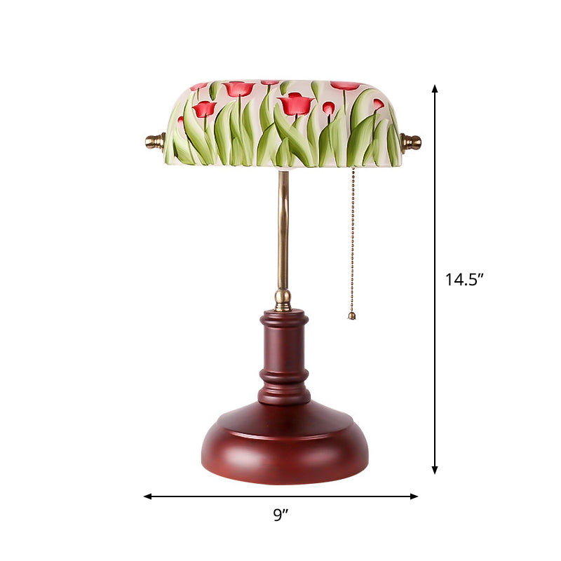 Green Glass Table Lamp - Korean Garden With Red Brown Flower Pattern Pull Chain Ideal For Bedroom