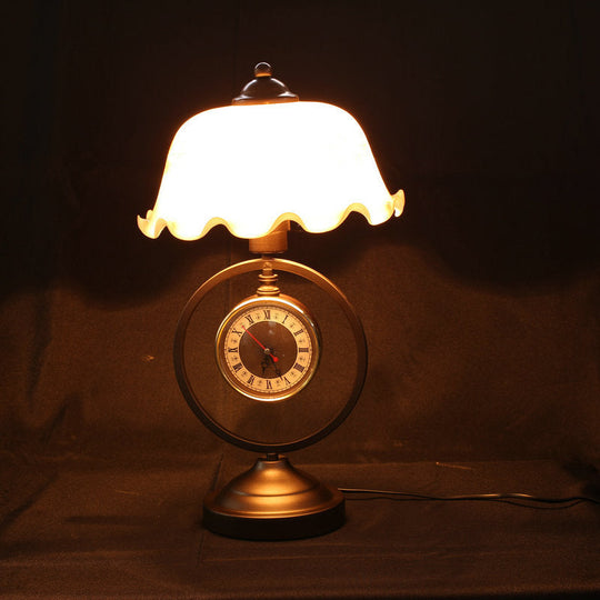 Rustic Milk Glass Table Lamp With Roman Clock Accent - Countryside Ruffle Bowl Design In Red Brown