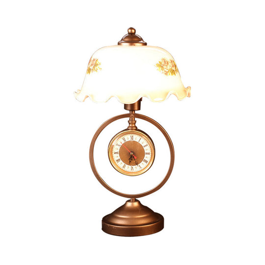 Rustic Milk Glass Table Lamp With Roman Clock Accent - Countryside Ruffle Bowl Design In Red Brown