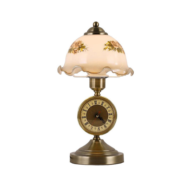 Antiqued Brass Night Lamp With Roman Clock Base - American Flower Design White Glass Dome Table