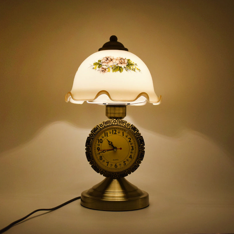 Antiqued Brass Night Lamp With Roman Clock Base - American Flower Design White Glass Dome Table