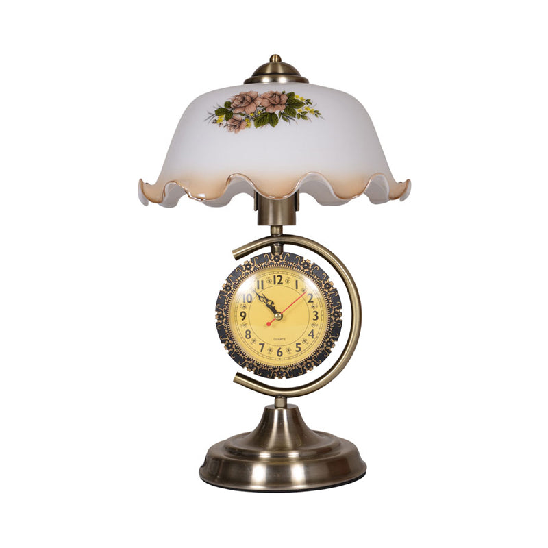 Opal Glass Table Lamp With Ruffle Bowl Shade - Single Sitting Room Night Light In Brass Clock And C