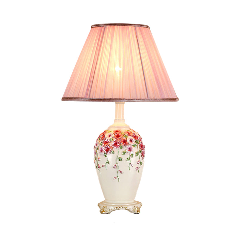 Pastoral Style Table Lamp: Beige/Pink Nightstand Light With Conical Shade Painted Pottery Base Pink