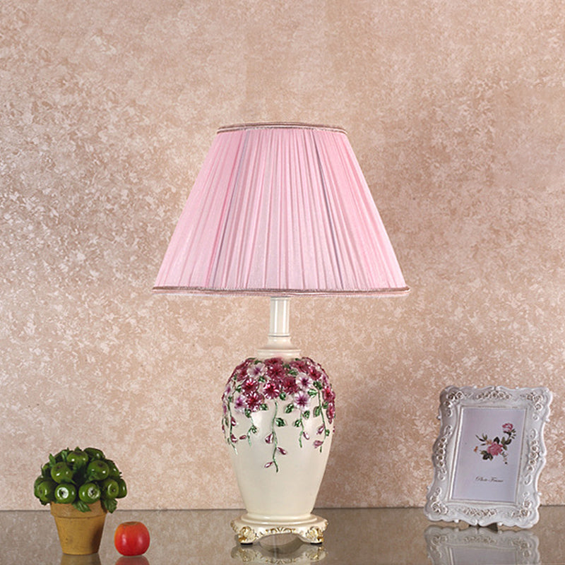 Pastoral Style Table Lamp: Beige/Pink Nightstand Light With Conical Shade Painted Pottery Base