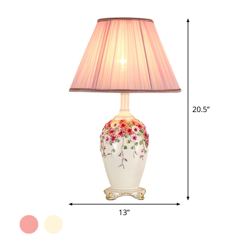 Pastoral Style Table Lamp: Beige/Pink Nightstand Light With Conical Shade Painted Pottery Base