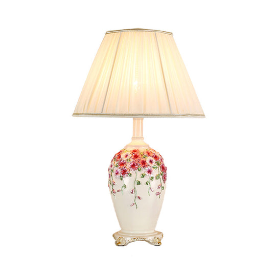 Pastoral Style Table Lamp: Beige/Pink Nightstand Light With Conical Shade Painted Pottery Base