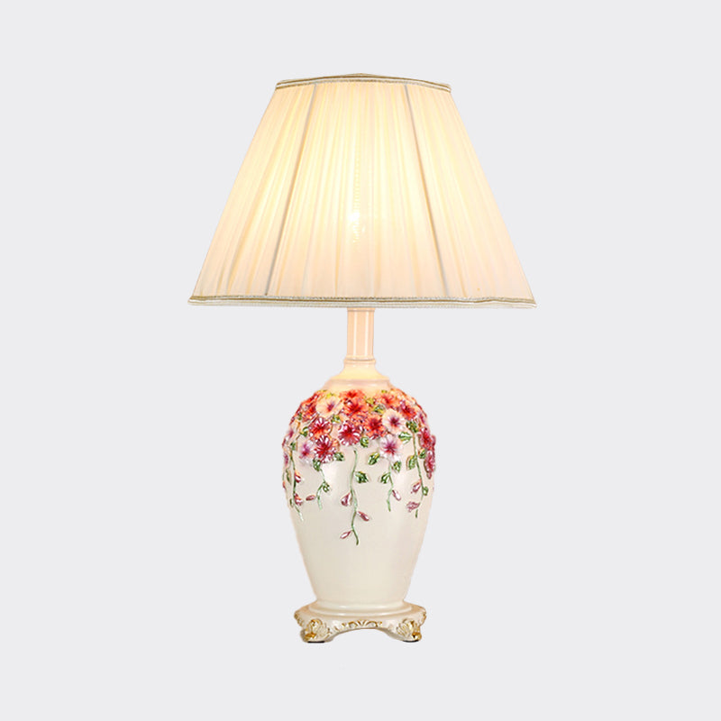 Pastoral Style Table Lamp: Beige/Pink Nightstand Light With Conical Shade Painted Pottery Base