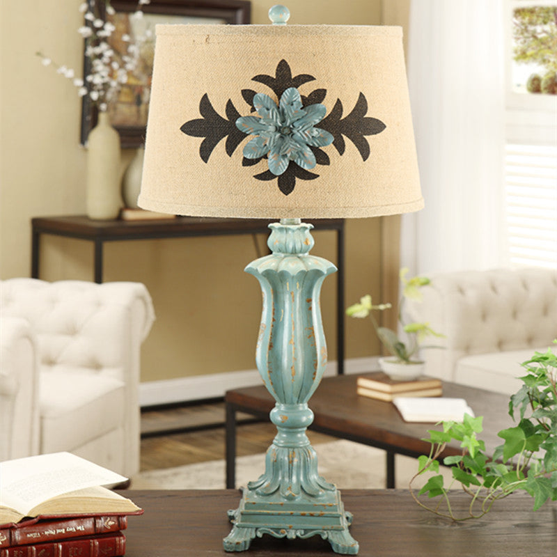 Blue Countryside Flower Patterned Table Lamp With Single-Bulb And Round Fabric Shade