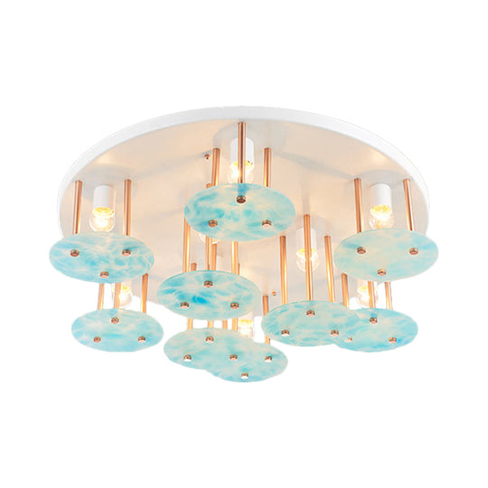 Blue Gradient Glass 9-Head Semi Flush Kids Ceiling Mount Light with White and Gold Finish