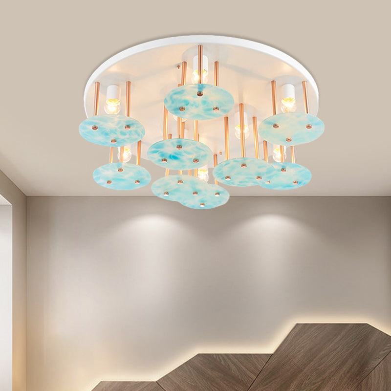 Blue Gradient Glass 9-Head Semi Flush Kids Ceiling Mount Light with White and Gold Finish