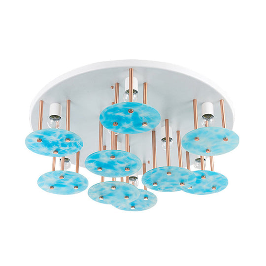 Blue Gradient Glass 9-Head Semi Flush Kids Ceiling Mount Light with White and Gold Finish