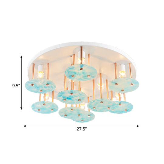 Blue Gradient Glass 9-Head Semi Flush Kids Ceiling Mount Light with White and Gold Finish