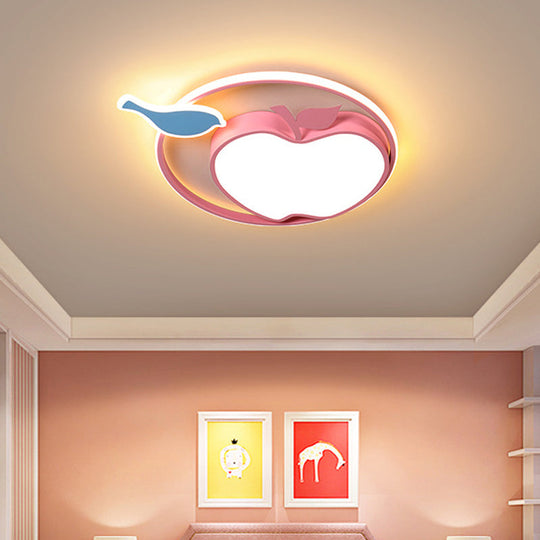 Pink Apple Ceiling Lamp: Cartoon Acrylic LED Flush Mount Fixture for Kids Bedroom (Warm/White Light)