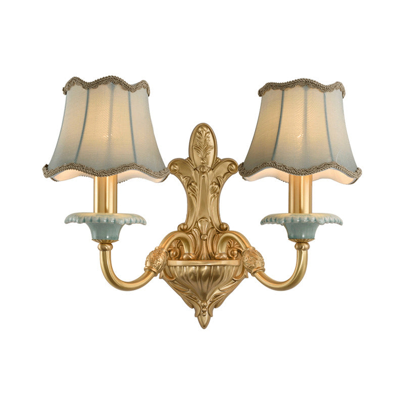 Rustic Brass Scalloped Wall Lighting - Fabric 1/2 Lights Dining Room Mount Fixture 2 /