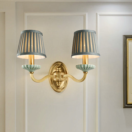 Brass Wall Sconce With Pleated Lampshade - Elegant Fabric Design For Dining Room