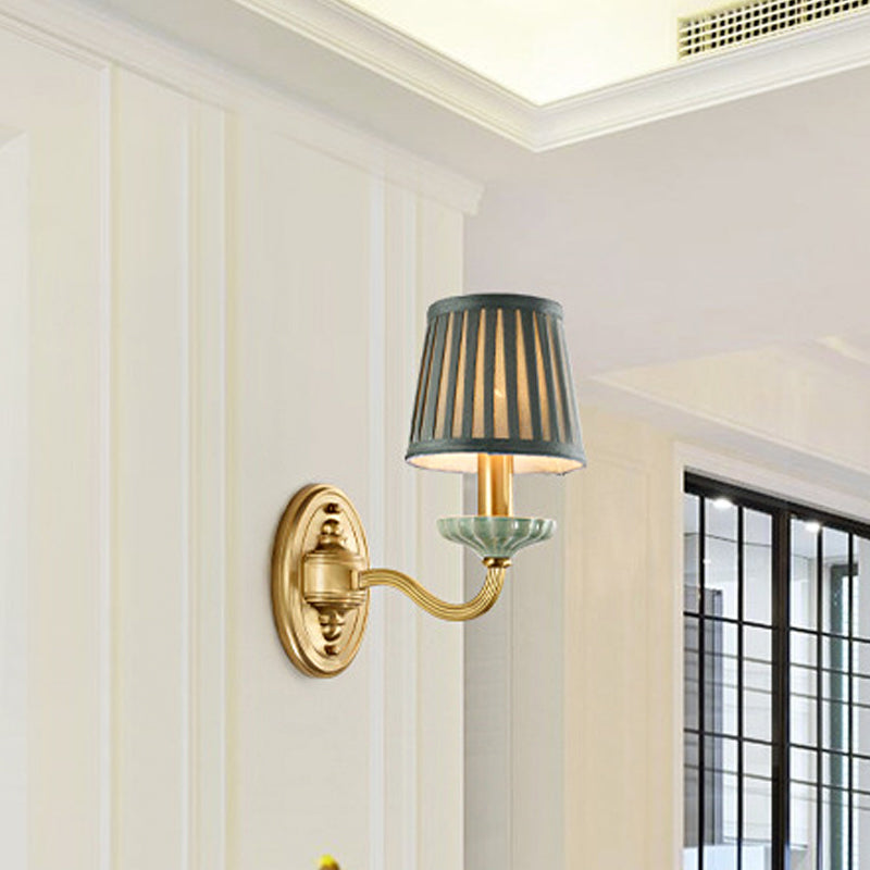 Brass Wall Sconce With Pleated Lampshade - Elegant Fabric Design For Dining Room