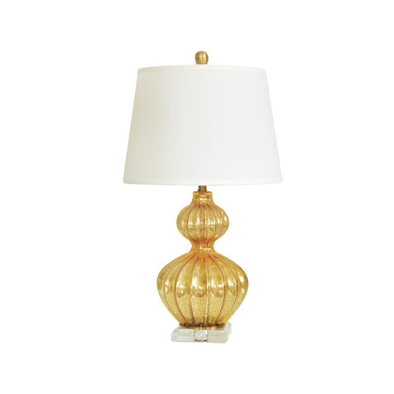 Classic White Tapered Drum Nightstand Lamp With Elegant Gold Gourd Base 1 Light