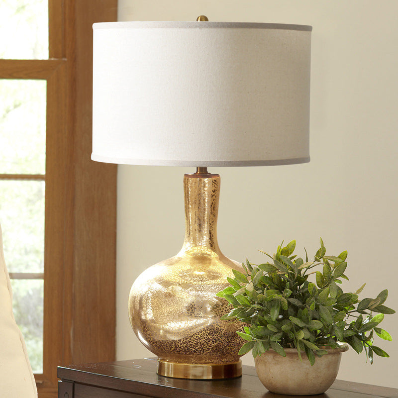 Crackle Glass Night Light - Gold Country Style Cylinder Fabric Shade Bedroom Nightstand Lighting